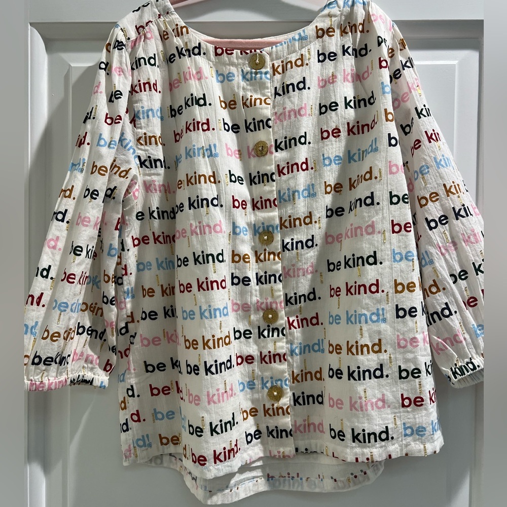 Pink Chicken trapeze tee with golden thread and “be kind” worded print, size 12